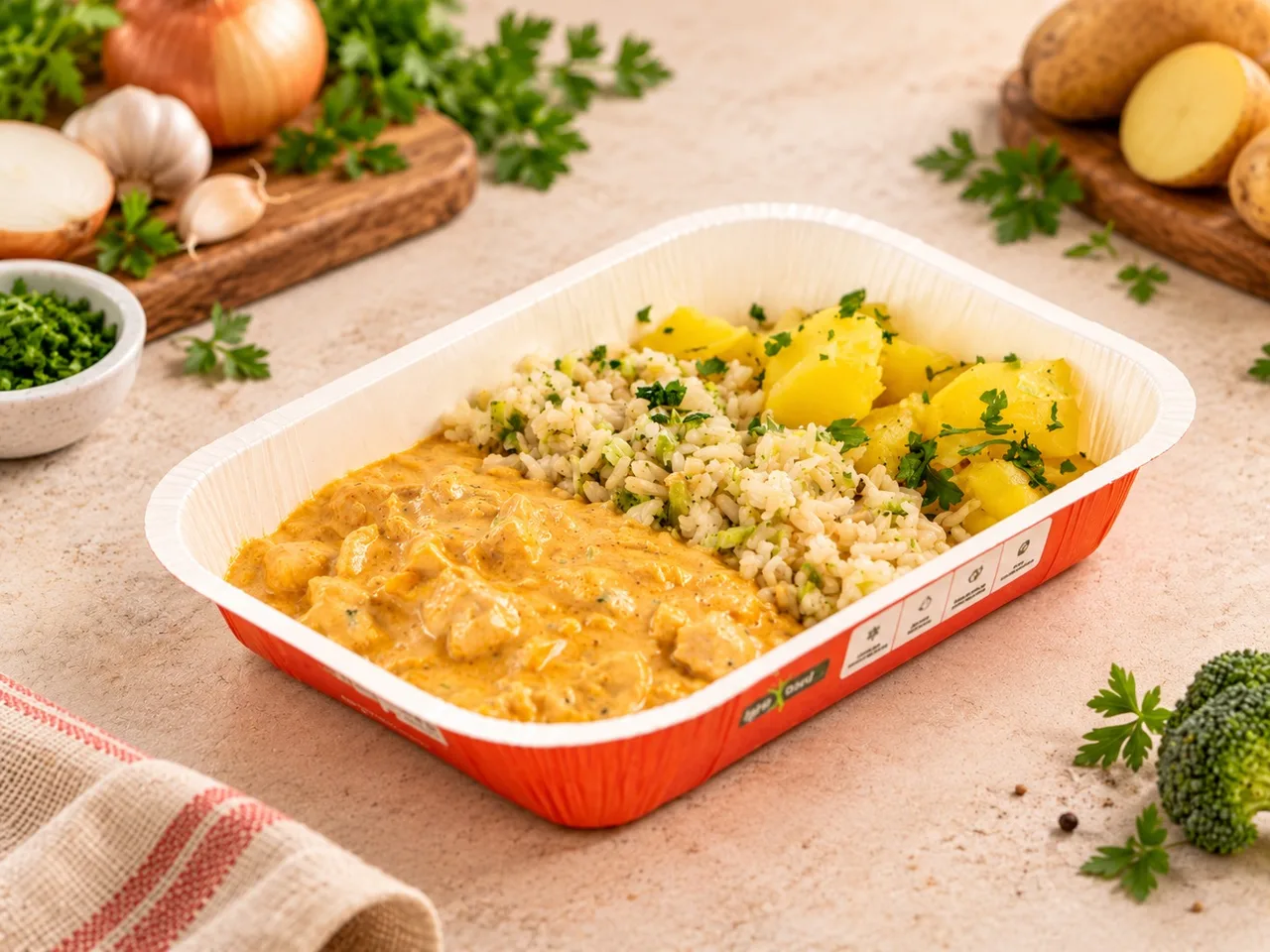 Estrogonofe de frango com arroz integral e batatas, da linha Frango da Light Food Way