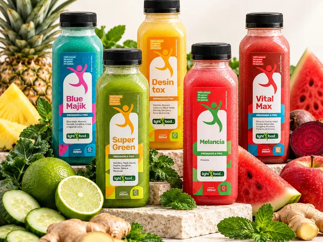 Sucos prensados a frio Blue Majik, Super Green, Desintox, Melancia e Vital Max, da linha Sucos detox da Light Food Way